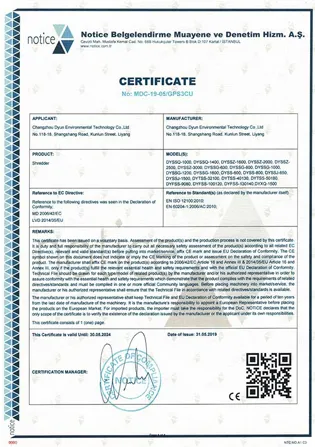 Certificate of Plastic Recycling Machine